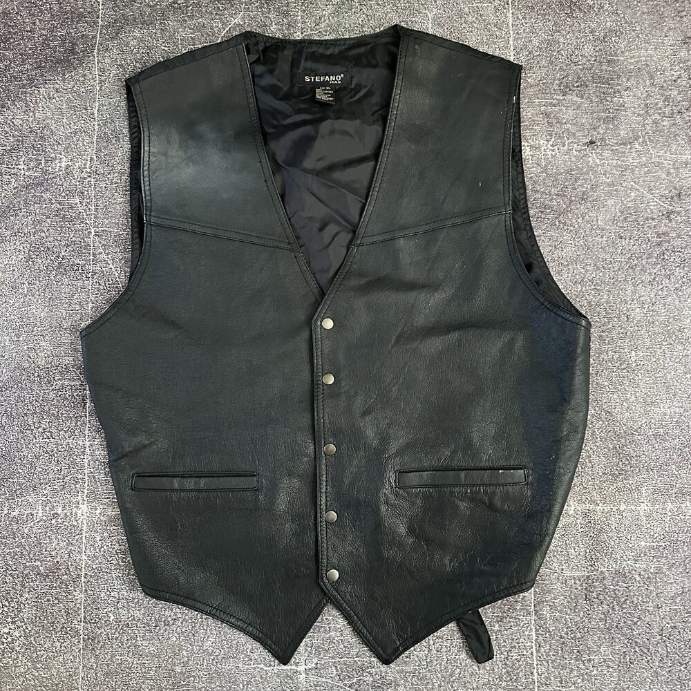 Men's Vintage Stefano Man Black Leather Button Up Motorcycle Vest Jacket Sz XL